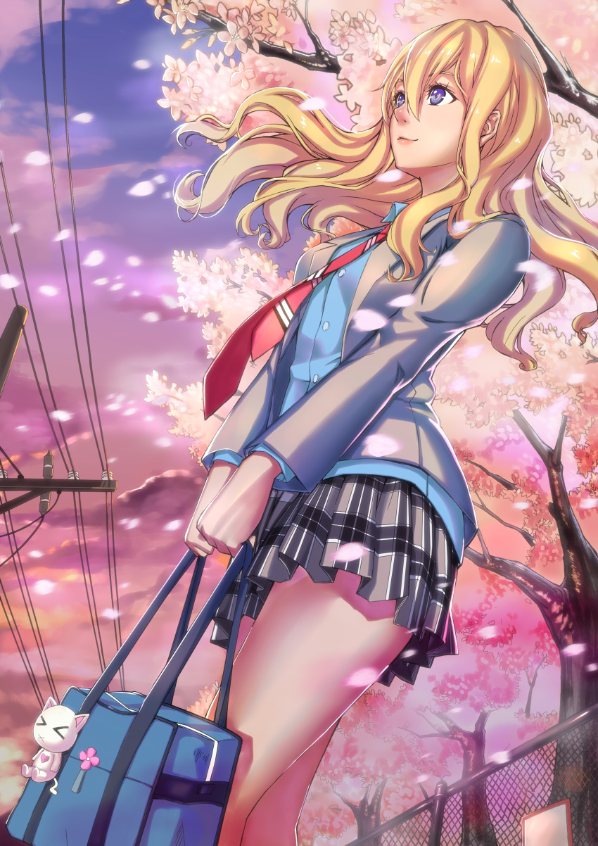 1girl absurdres bag bag_charm bangs bare_legs blazer blonde_hair blue_eyes blue_shirt buttons chain-link_fence cherry_blossoms clouds collared_shirt dress_shirt fence floating_hair from_below hair_between_eyes highres holding_bag kenbuo keychain long_hair long_sleeves looking_away miniskirt miyazono_kawori necktie outdoors petals plaid plaid_skirt pleated_skirt power_lines school_bag school_uniform shigatsu_wa_kimi_no_uso shirt skirt sky smile solo standing striped striped_necktie sunset tree uniform v_arms violet_eyes wind
