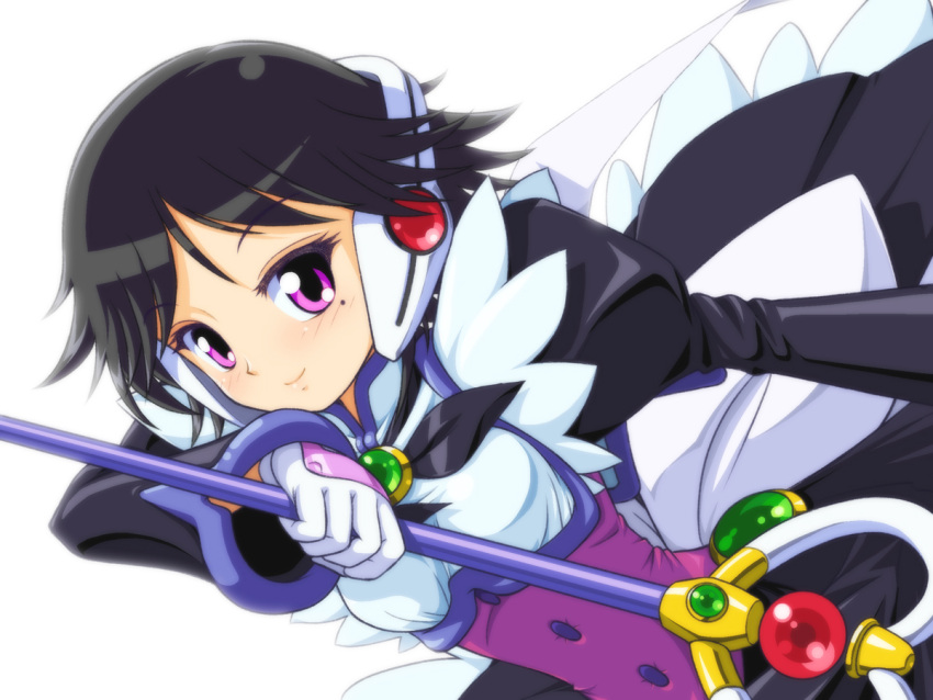 1girl black_dress black_hair brooch corrector_yui dress jewelry juliet_sleeves long_sleeves looking_at_viewer magical_girl mole obara_gaun puffy_sleeves shinozaki_ai short_hair smile solo violet_eyes wand white_background