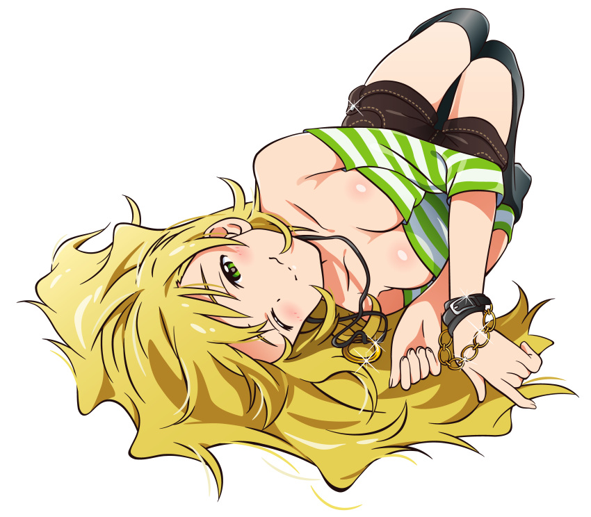 1girl absurdres akizuki_ritchan blonde_hair breasts cleavage green_eyes highres hoshii_miki idolmaster jewelry long_hair lying on_back one_eye_closed pendant simple_background smile solo striped wavy_mouth white_background