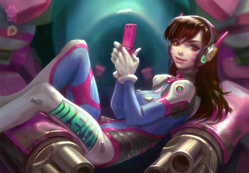 1girl :d acronym artist_name bangs bodysuit bracer breasts brown_hair clothes_writing d.va_(overwatch) english facial_mark from_side gatling_gun gloves gun hana_song handheld_game_console hands_up headphones holding knee_up lips logo long_hair lying mecha newmilky on_back open_mouth overwatch pale_skin patreon playing_games realistic red_eyes robot_ears smile solo turtleneck weapon