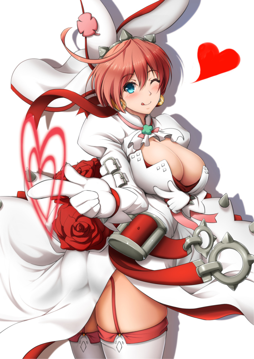 1girl ass blue_eyes bol_(liliymimi) breasts cleavage cleavage_cutout clover colored_eyelashes dress earrings elphelt_valentine four-leaf_clover garter_straps gloves guilty_gear guilty_gear_xrd hairband highres jewelry large_breasts looking_at_viewer one_eye_closed pink_hair pointing pointing_at_viewer short_hair smile solo spikes thigh-highs tongue tongue_out veil white_clothes