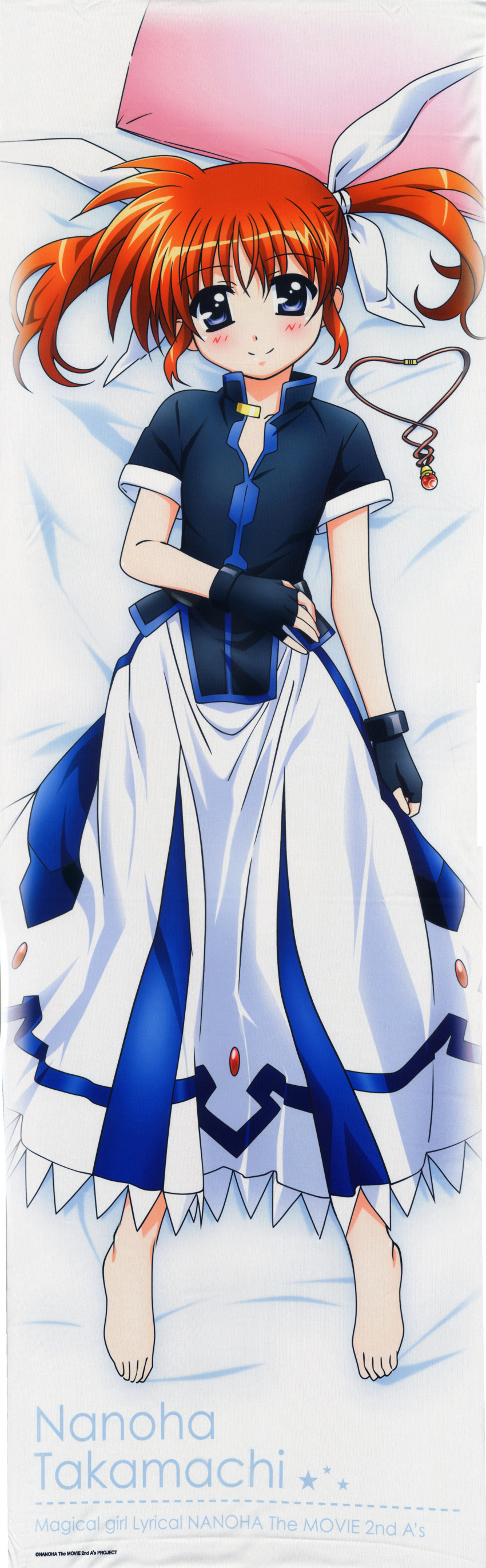 1girl absurdres blue_eyes brown_hair character_name copyright_name dakimakura from_above hair_ribbon highres looking_at_viewer lying lyrical_nanoha mahou_shoujo_lyrical_nanoha mahou_shoujo_lyrical_nanoha_a's mahou_shoujo_lyrical_nanoha_the_movie_2nd_a's necklace_removed on_back raising_heart ribbon smile solo takamachi_nanoha twintails white_ribbon