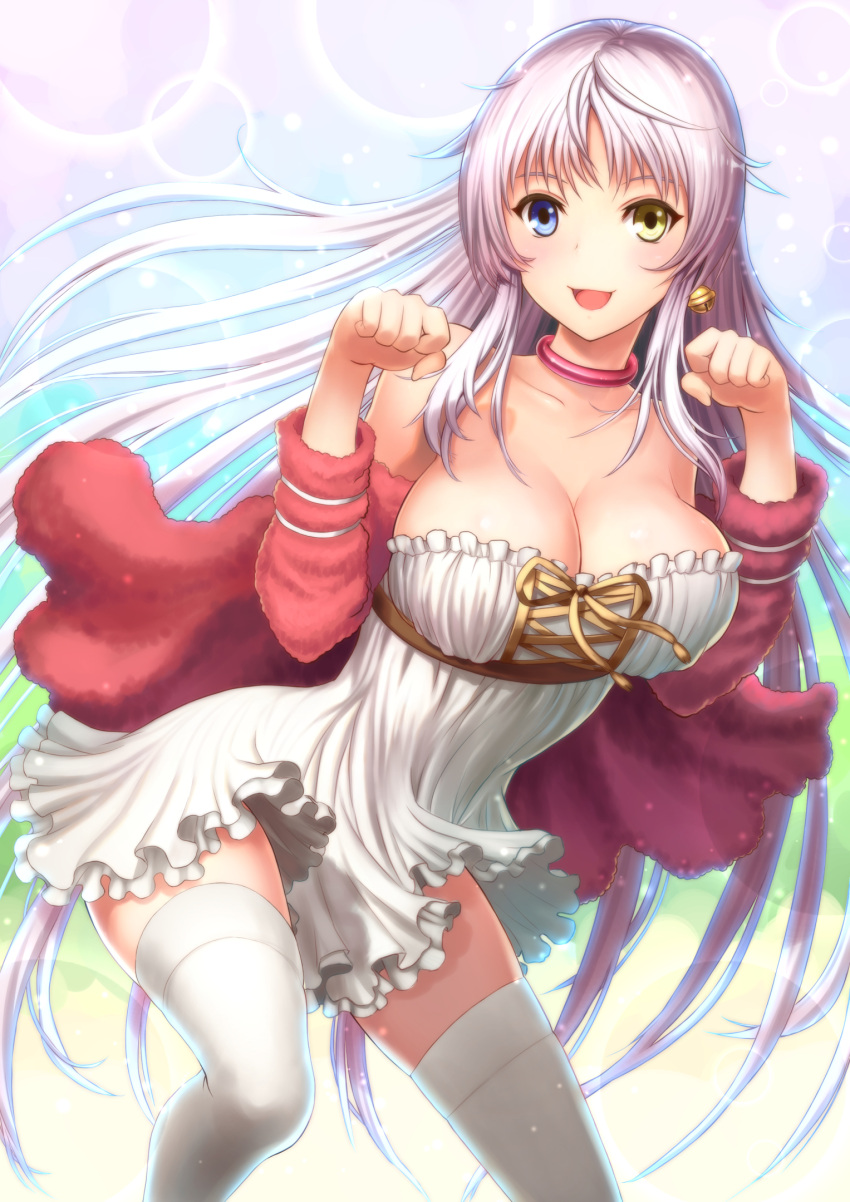 1girl :d bad_proportions bangs bare_shoulders bell bell_earrings blue_eyes blush breasts cleavage collarbone cross-laced_clothes dress earrings frilled_dress frills heterochromia highres jacket jewelry jingle_bell k_(anime) large_breasts long_hair long_sleeves looking_at_viewer neko_(k) open_mouth paw_pose ring_necklace smile solo thigh-highs very_long_hair white_background white_dress white_legwear yellow_eyes youbou