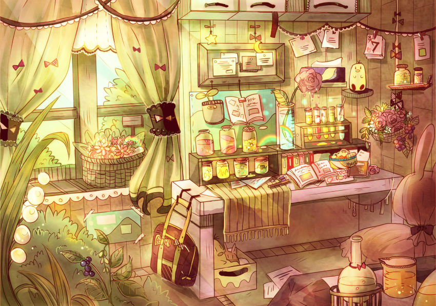 bag basket beaker book bookbag cabinet curtains flower highres lily_of_the_valley moon niikura_kaori no_humans open_book original paper plaque rainbow rose star still_life stuffed_toy vial window windowsill