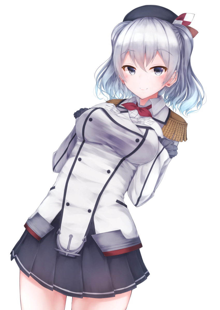 1girl ascot breast_suppress breasts cowboy_shot dutch_angle epaulettes gloves grey_eyes hands_on_own_chest hat highres kantai_collection kashima_(kantai_collection) large_breasts long_sleeves looking_at_viewer military military_uniform pleated_skirt shirt silver_hair simple_background skirt smile solo taut_clothes taut_shirt thighs tsurime two_side_up uniform waterdog white_background white_gloves