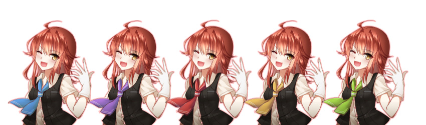 5girls ;d ahoge alternate_color arashi_(kantai_collection) blouse blush commentary_request fang gloves highres kantai_collection kerchief meaomao messy_hair multiple_girls one_eye_closed open_mouth redhead simple_background smile upper_body vest white_background white_gloves yellow_eyes