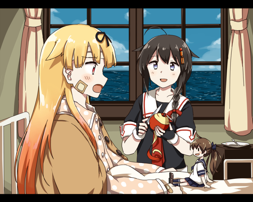 3girls :d ahoge alternate_costume any_(lucky_denver_mint) apple apple_peel bandaid black_hair blonde_hair blue_eyes braid brown_hair clouds cloudy_sky commentary fairy_(kantai_collection) fingerless_gloves food fruit gloves gradient_hair hair_flaps hair_ribbon kantai_collection knife long_hair multicolored_hair multiple_girls necktie ocean open_mouth pajamas peeling plate pleated_skirt ponytail red_eyes remodel_(kantai_collection) ribbon school_uniform serafuku shigure_(kantai_collection) single_braid sitting skirt sky smile window yuudachi_(kantai_collection)