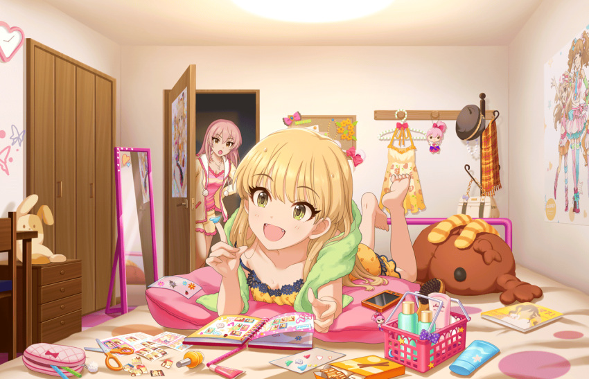 2girls :d :o alternate_hairstyle artist_request barefoot bed bedroom blonde_hair blush breasts cellphone cellphone_charm cleavage clock collarbone door fangs green_eyes hair_down idolmaster idolmaster_cinderella_girls idolmaster_cinderella_girls_starlight_stage indoors jewelry jougasaki_mika jougasaki_rika legs_up legwear_removed lightning_bolt long_hair loungewear lying mirror multiple_girls necklace official_art on_stomach open_door open_mouth phone pink_hair pocky poster_(object) scissors siblings sisters smartphone smile sticker strap_slip stuffed_animal stuffed_bunny stuffed_toy sweat towel wet_hair yellow_eyes