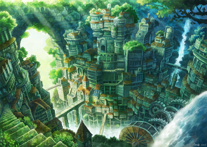 2015 arch bridge canyon chimney city cityscape fantasy flag fog forest from_above gears kemi_neko nature no_humans original scenery signature stairs sunlight tree water water_tower waterfall watermill