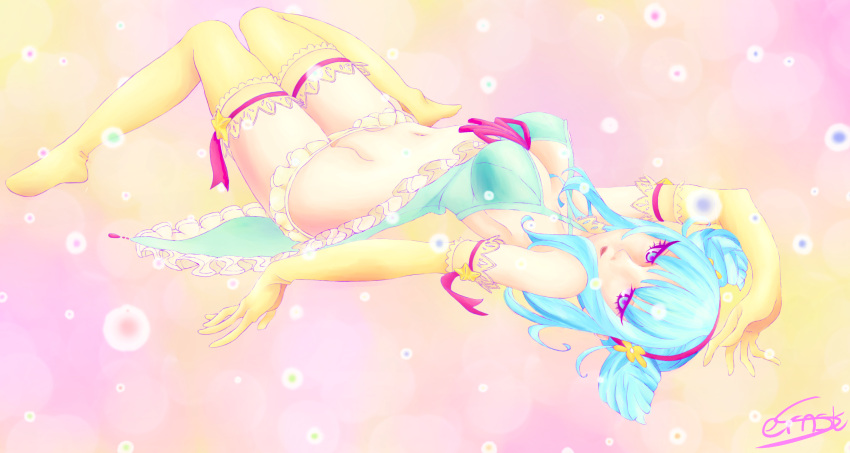 1girl aqua_eyes artist_name babydoll bangs blue_hair elbow_gloves girl_(anime_expo) gloves hairband highres kami-sama_(girl) lying on_back short_twintails solo star thigh-highs twintails yellow_gloves yellow_legwear