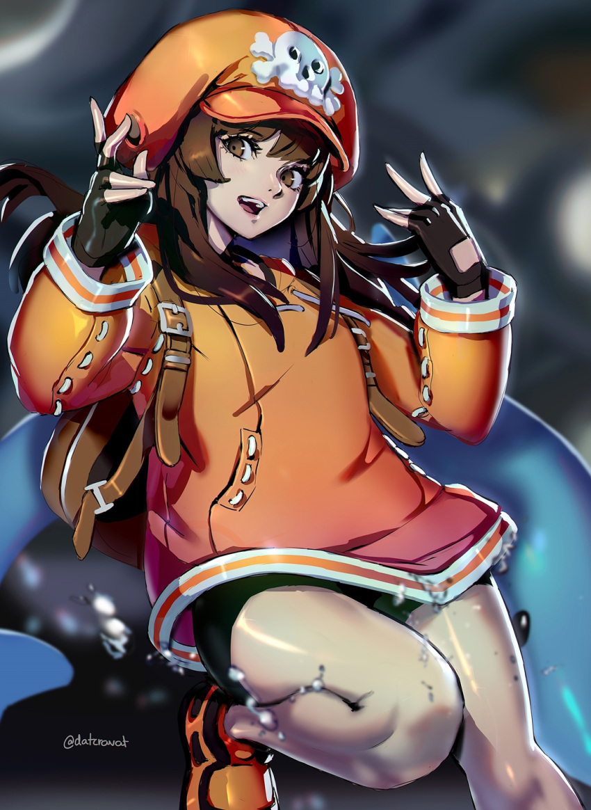 1girl 1other :d backpack bag bangs black_gloves black_shorts blurry blurry_background blurry_foreground brown_eyes brown_hair commentary commission datcravat dolphin dolphin_tail fingerless_gloves gloves guilty_gear guilty_gear_strive hair_between_eyes hat highres hood hoodie looking_to_the_side may_(guilty_gear) mixed-language_commentary mr._dolphin_(guilty_gear) no_legwear open_mouth orange_footwear orange_headwear orange_hoodie pirate_hat romaji_commentary shiny shiny_clothes shiny_hair shiny_skin shorts sideways_glance skull_and_crossbones smile splashing swept_bangs twitter_username water