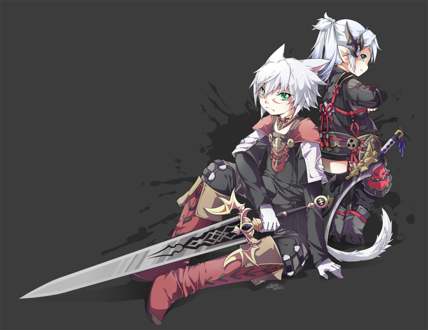 1boy 1girl animal_ears blue_eyes cat_ears cat_tail final_fantasy final_fantasy_xiv green_eyes lalafell miqo'te pointy_ears rue_(ruenis_chronowing) silver_hair sitting standing sword tail thigh-highs weapon