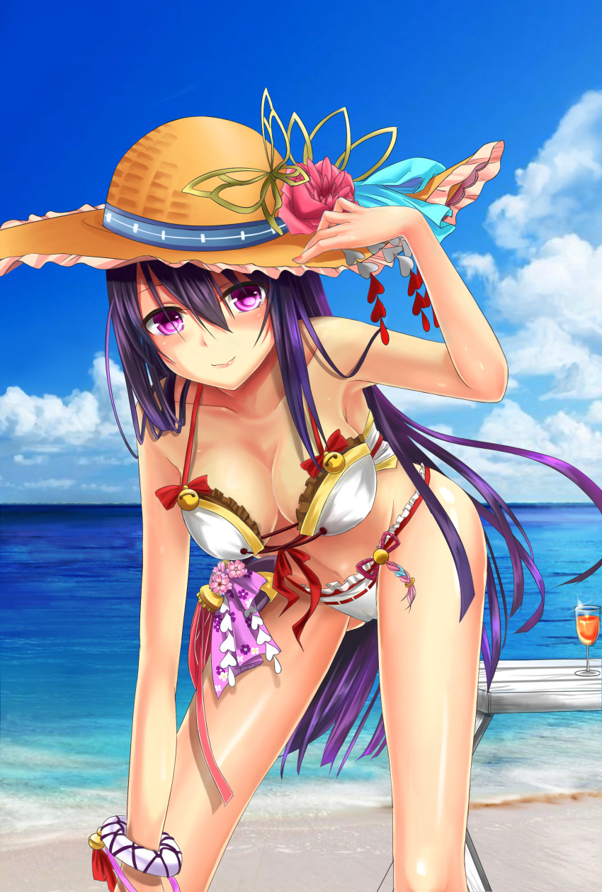 1girl absurdres adjusting_clothes adjusting_hat ass_visible_through_thighs bare_shoulders bell bent_over bikini blue_ribbon blue_sky breasts butterfly_ornament cleavage collarbone drink flower glass hair_between_eyes hanging_breasts hat hat_flower hat_ribbon highres horizon jingle_bell kasumi_(shironeko_project) kevin5566c long_hair looking_at_viewer nail_polish ocean outdoors pink_nails purple_hair ribbon shironeko_project sky smile solo straw_hat sun_hat swimsuit very_long_hair violet_eyes white_bikini white_swimsuit