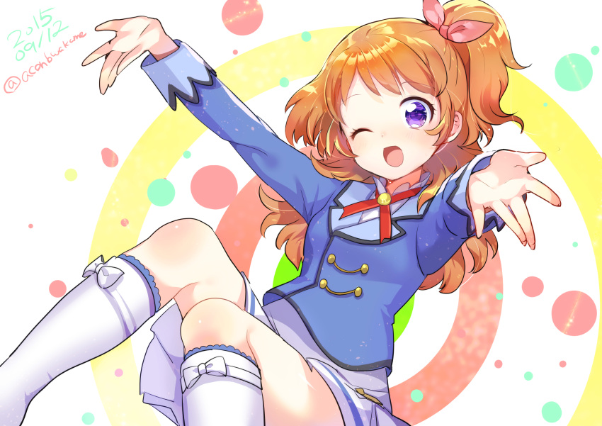 1girl ;d a_k_o absurdres aikatsu! blush bow brown_hair dated hair_ribbon highres long_hair looking_at_viewer one_eye_closed one_side_up oozora_akari open_mouth outstretched_arms ribbon school_uniform short_hair skirt smile solo spread_arms twitter_username violet_eyes