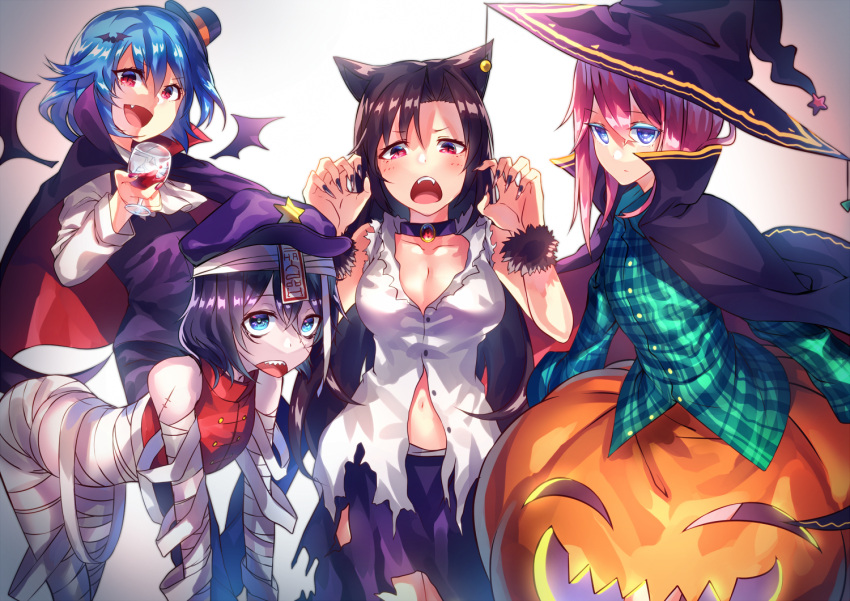 4girls adapted_costume all_fours alternate_costume animal_ears bandaged_arm bandaged_head bandaged_leg bandages bare_arms bat_hair_ornament bat_wings beret black_hair blue_eyes blue_hair breasts brown_hair bubble_skirt cape choker chromatic_aberration claw_pose cleavage collarbone commentary_request cup cupping_glass dress drinking_glass expressionless fang fangs hair_ornament halloween_costume hat hata_no_kokoro imaizumi_kagerou jiangshi large_breasts long_hair looking_at_viewer midriff mini_hat miyako_yoshika moon multiple_girls navel night open_clothes open_mouth open_shirt purple_dress remilia_scarlet shirt short_hair skirt sky smile star_(sky) starry_sky touhou uu_uu_zan very_long_hair vest wine_glass wings witch_hat wolf_ears