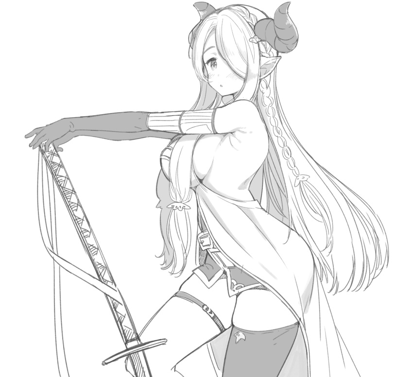 1girl blush braid breasts granblue_fantasy hair_over_one_eye highres holding_sword holding_weapon horns katana large_breasts long_hair looking_at_viewer monochrome narumeia_(granblue_fantasy) parted_lips pointy_ears sakiyo_cake sideboob simple_background single_thighhigh solo sword thigh-highs weapon white_background