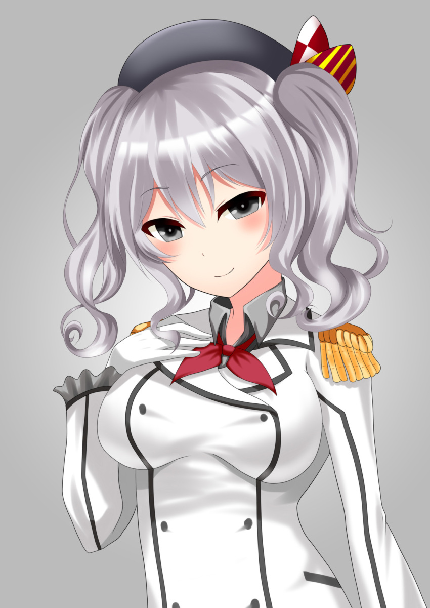 1girl ayasato_karen blush buttons double-breasted epaulettes gloves grey_background grey_eyes grey_eyes grey_hair hand_on_own_chest hat highres jacket kantai_collection kashima_(kantai_collection) kerchief military military_uniform sidelocks silver_hair smile solo tsurime twintails uniform wavy_hair