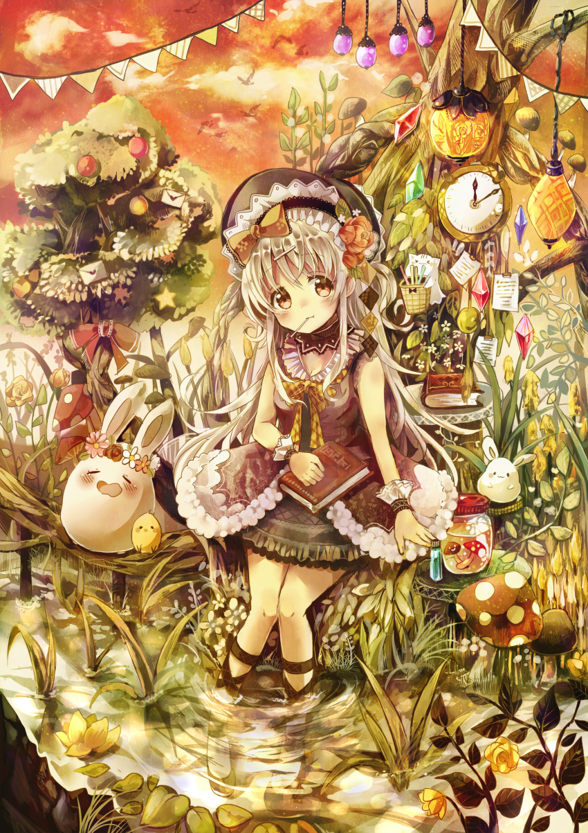 1girl absurdres bird blush book bow cat chick clock clouds envelope feet_in_water flock flower food fruit gem grey_hair hair_bow hair_flower hair_ornament hat head_wreath heart highres letter long_hair looking_at_viewer mushroom niikura_kaori orange_sky original outdoors rabbit ripples soaking_feet star string_of_flags tree very_long_hair vial water yellow_flower