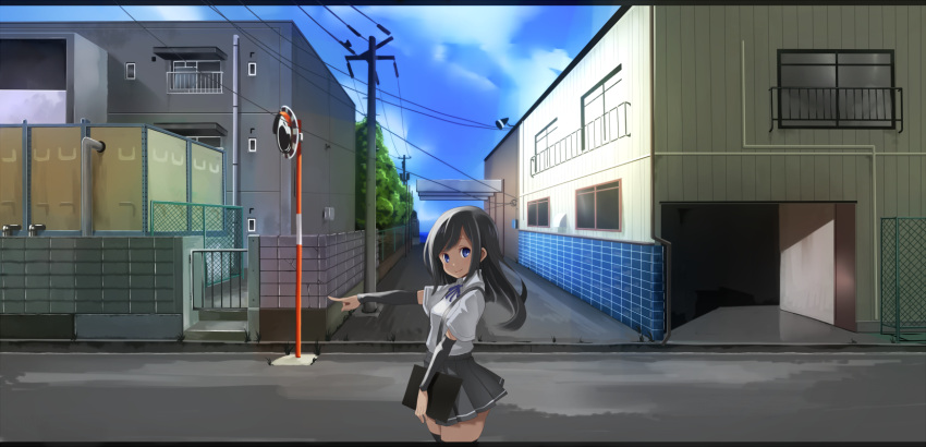 1girl arm_warmers asashio_(kantai_collection) black_hair blue_eyes breasts cityscape clipboard commentary_request from_side highres kantai_collection lamppost lob-ster long_hair looking_back looking_to_the_side outdoors pleated_skirt pointing pointing_forward road school_uniform serafuku shirt short_sleeves skirt smile solo street suspenders