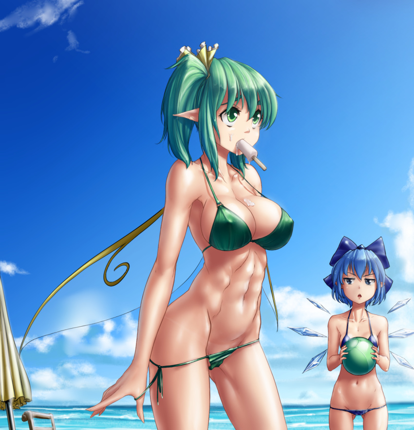 2girls abs ass_visible_through_thighs ball bangs beach beachball bikini bikini_pull blue_bikini blue_bow blue_eyes blue_hair bow breast_envy breasts cirno clouds collarbone covered_nipples cowboy_shot daiyousei fingernails food food_on_body food_on_face green_bikini green_eyes green_hair groin hair_bow hair_ribbon hater_(artist) highres holding ice ice_wings long_hair looking_at_another looking_away lowleg lowleg_bikini melting mouth_hold multiple_girls navel open_mouth outdoors pointy_ears popsicle ribbon short_hair side-tie_bikini side_ponytail sky small_breasts standing summer swimsuit tan tanline toned touhou triangle_mouth umbrella water wings yellow_ribbon