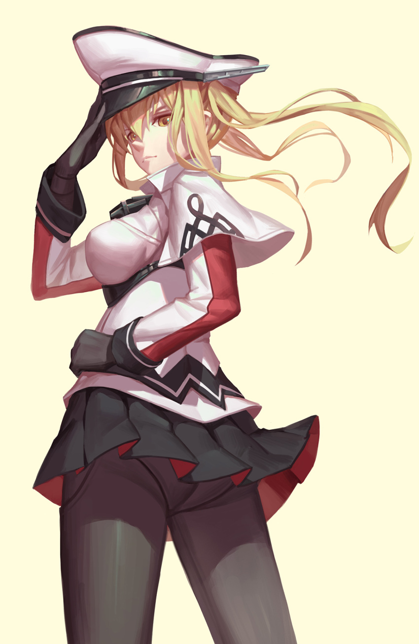 1girl ass black_gloves black_legwear blonde_hair breasts capelet gloves graf_zeppelin_(kantai_collection) hat highres kantai_collection large_breasts long_hair long_sleeves looking_at_viewer military_hat nian panties panties_under_pantyhose pantyhose pleated_skirt salute shirt skirt solo underwear upskirt wind wind_lift yellow_eyes