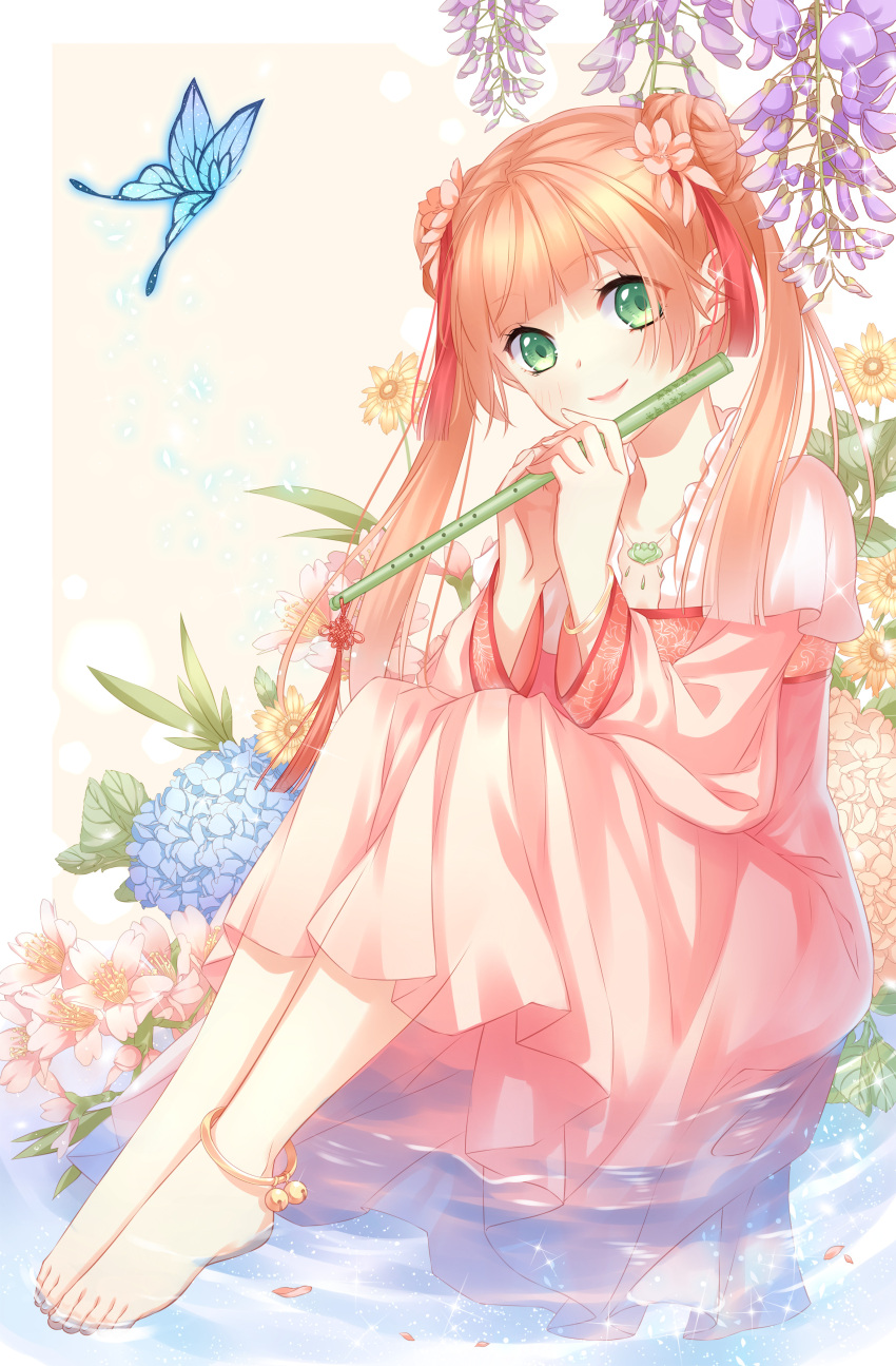 1girl absurdres anklet barefoot bell butterfly chinese_clothes double_bun dress feet feet_in_water flower flute full_body green_eyes hair_flower hair_ornament highres hydrangea instrument jewelry jingle_bell looking_at_viewer necklace orange_hair original pink_dress sitting smile soaking_feet solo toes twintails water wisteria