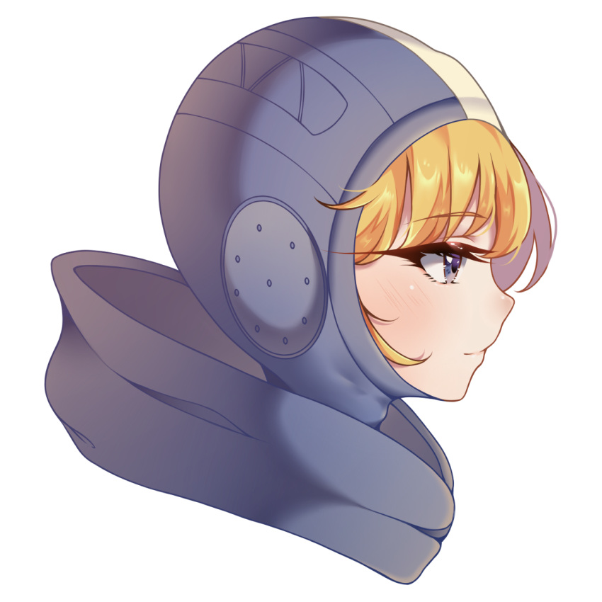 1girl ;; apex_legends blonde_hair blue_eyes blue_headwear blush eyebrows_visible_through_hair from_side head_only highres hood light_blush light_smile solo symbol_commentary wattson_(apex_legends) white_background
