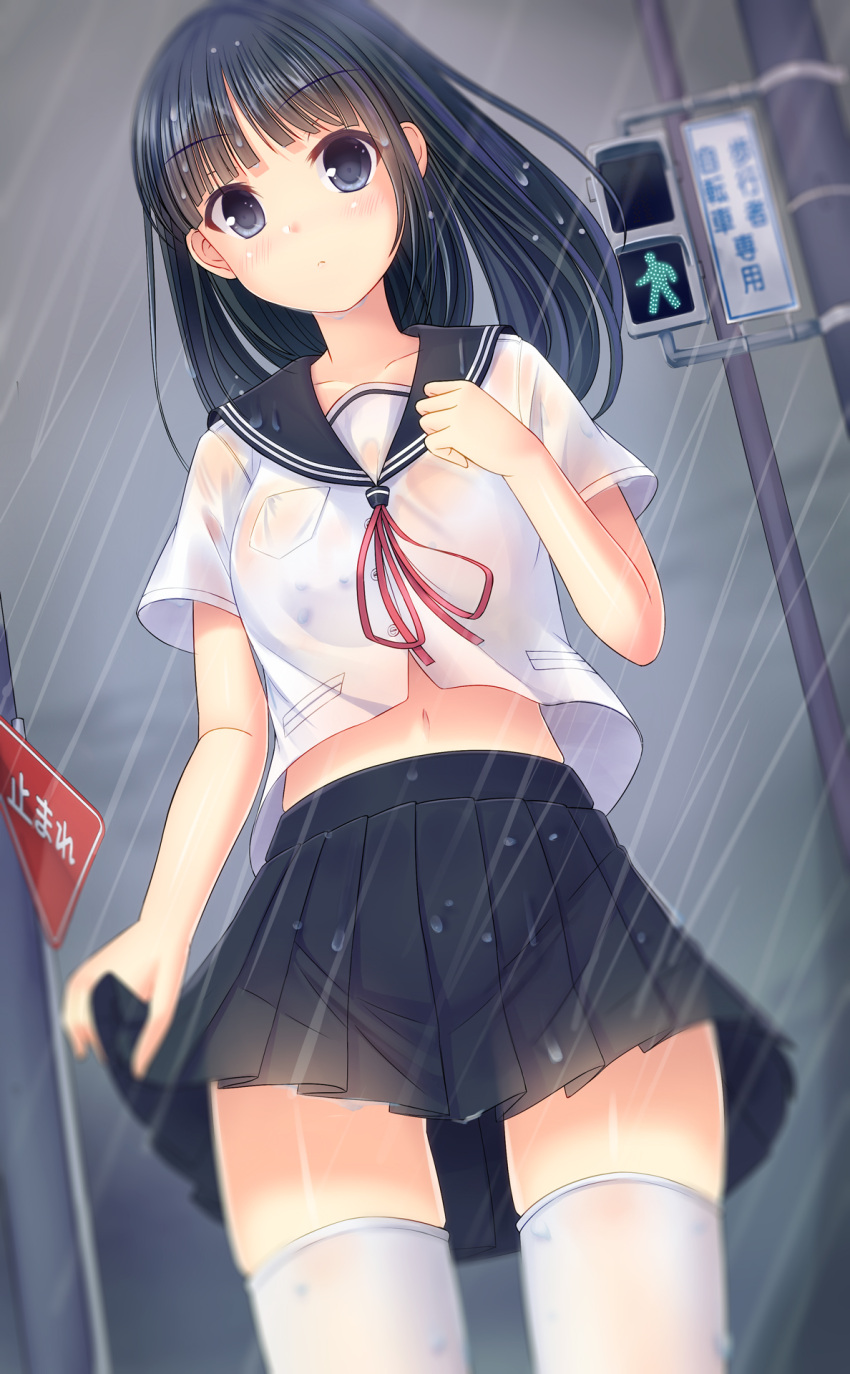 1girl bangs black_hair black_skirt blue_eyes blunt_bangs blush clouds cloudy_sky covered_nipples from_behind highres looking_at_viewer navel no_bra original outdoors pleated_skirt rain road_sign sailor_collar school_uniform see-through serafuku shirt short_sleeves sign skirt sky solo standing stomach thigh-highs traffic_light umitonakai wet wet_hair white_shirt zettai_ryouiki