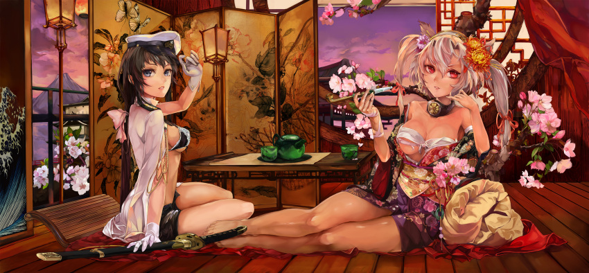 2girls absurdres airbrush_(medium) architecture bare_legs barefoot black_hair blue_eyes bra breasts cherry_blossoms east_asian_architecture female_admiral_(kantai_collection) flower folding_screen gloves hair_flower hair_ornament hairband hat highres indoors japanese_clothes kantai_collection kimono kiseru lace-trimmed_bra lamp lips long_hair looking_at_viewer military_hat military_rank_insignia mixed_media mountain multiple_girls musashi_(kantai_collection) obi open_clothes open_kimono open_shirt parted_lips pipe ponytail poyan_noken reclining red_eyes ribbon sarashi sash shirt sitting sliding_doors sword table teapot traditional_media tree_branch twilight two_side_up underwear watercolor_pencil_(medium) weapon white_hair wooden_floor wrist_ribbon yokozuwari yunomi