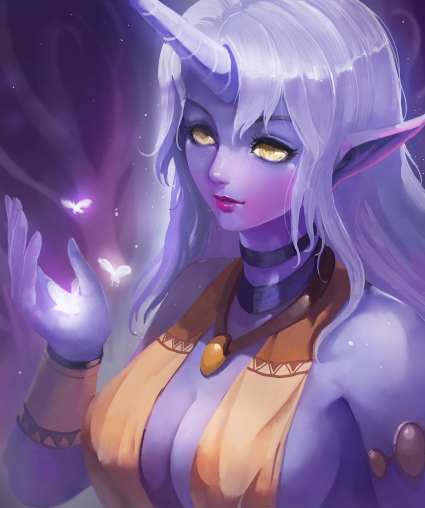 1girl armlet bare_shoulders breasts cleavage highres horn insect jewelry kaze_no_gyouja league_of_legends lips long_hair neck_ring necktie pendant pointy_ears purple_skin purple_skirt sideboob silver_hair skirt smile solo soraka upper_body wrist_cuffs
