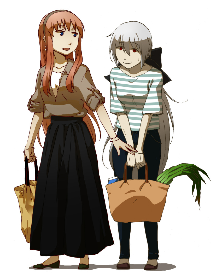 2girls absurdres ahoge bag bangs black_skirt blouse blue_eyes blush bracelet breasts casual commentary_request denim earrings full_body grey_hair groceries hair_between_eyes hairband headphones highres holding_bag horizontal_stripes jeans jewelry long_hair long_skirt looking_at_another megurine_luka multiple_girls open_mouth pants pink_hair ponytail red_eyes shirt shoes shopping_bag side-by-side sidelocks silver_hair simple_background skirt sleeves_folded_up standing striped striped_shirt v_arms very_long_hair vocaloid voyakiloid white_background yowane_haku yui_(artist)