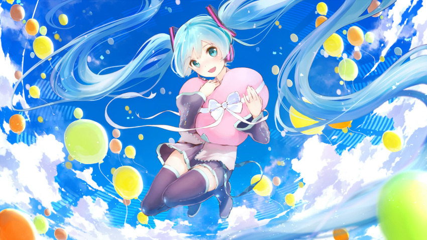 1girl absurdly_long_hair aqua_eyes aqua_hair balloon blush boots clouds floating_hair hatsune_miku headset heart highres long_hair looking_at_viewer minamito open_mouth skirt sky solo thigh-highs thigh_boots twintails very_long_hair vocaloid