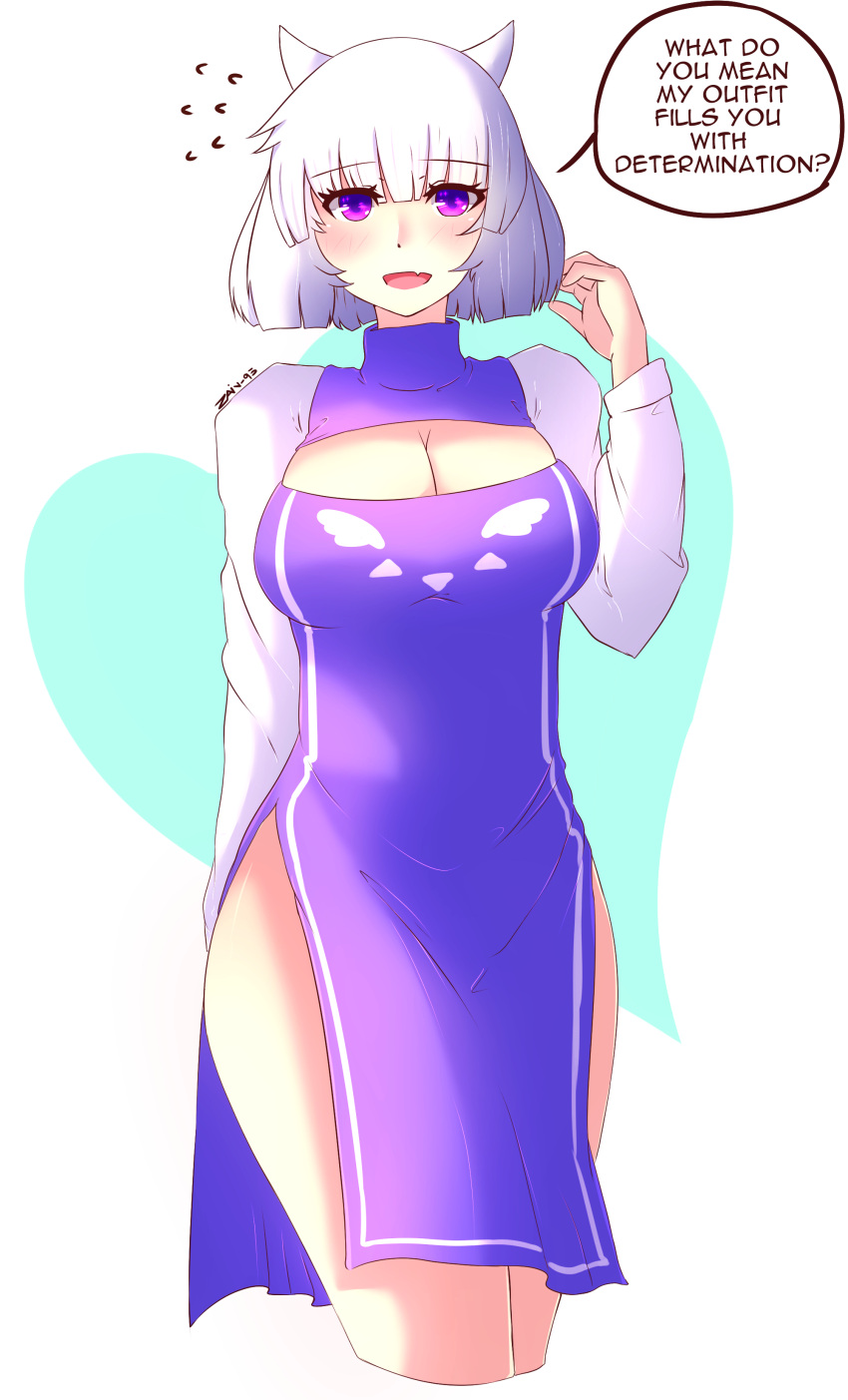 1girl absurdres breasts cleavage cleavage_cutout english highres horns nas_(z666ful) personification short_hair side_slit smile solo toriel undertale violet_eyes white_hair