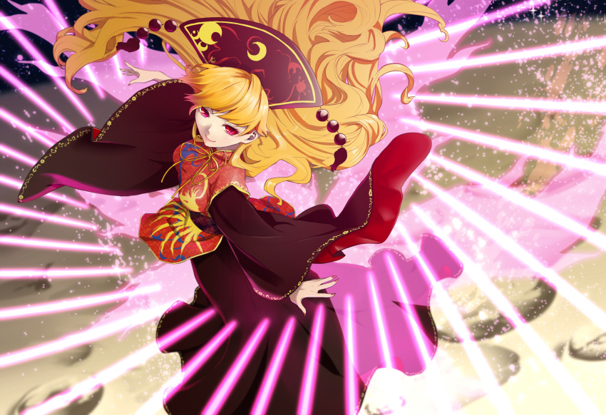 1girl animal_print black_dress blonde_hair breasts chinese_clothes danmaku dress energy fingernails fox_tail from_above hat highres junko_(touhou) light_particles long_hair long_sleeves looking_afar moon multiple_tails nail_polish red_eyes red_nails ribbon sharp_fingernails smile solo space tabard tail to_glasses touhou very_long_hair