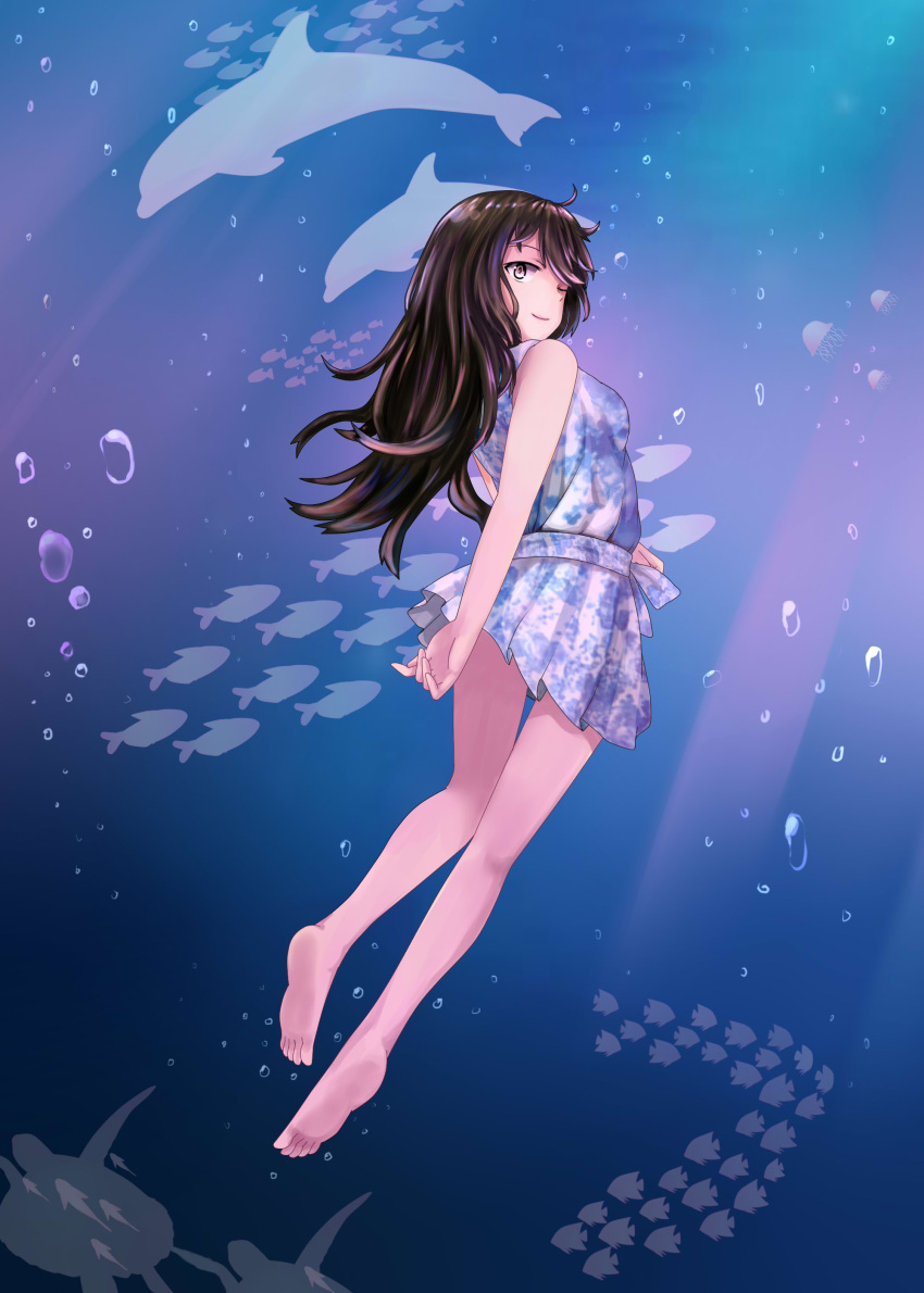 1girl absurdres air_bubble barefoot beifeng_han black_hair breath bubble diving dolphin dress fish freediving hair_between_eyes highres holding_breath jellyfish long_hair looking_at_viewer looking_back miyaura_sanshio one_eye_closed original sea_turtle simple_background smile solo swimming turtle underwater violet_eyes white_background