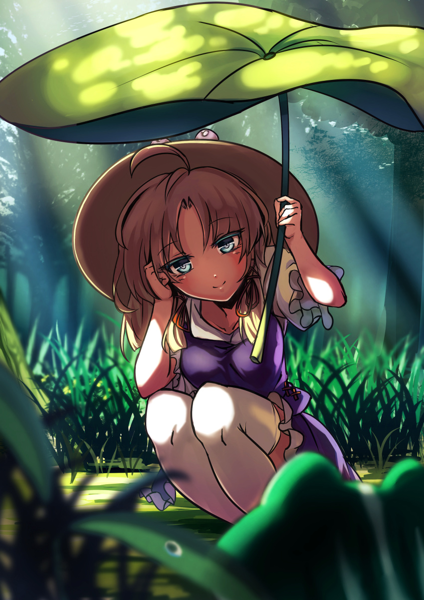 1girl absurdres ahoge blonde_hair blouse blue_eyes blush breasts commentary_request eyeshadow forest grass hair_tie hat highres koissa leaf_umbrella looking_at_viewer makeup moriya_suwako nature older playing_with_own_hair ringed_eyes seductive_smile shade skirt smile solo squatting thigh-highs touhou white_legwear
