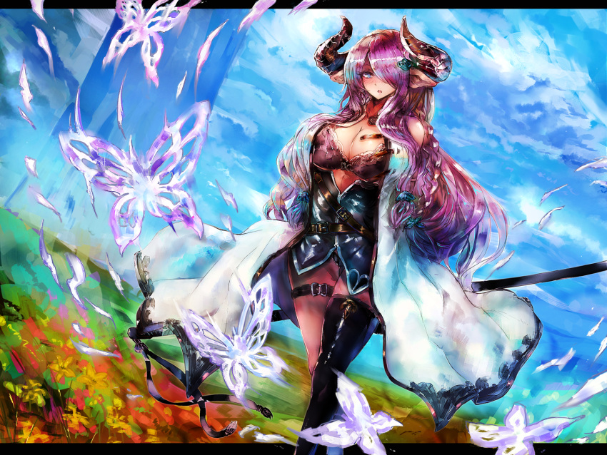 1girl bare_shoulders butterfly gond granblue_fantasy hair_over_one_eye highres horns katana narumeia_(granblue_fantasy) purple_hair single_thighhigh solo sword thigh-highs weapon
