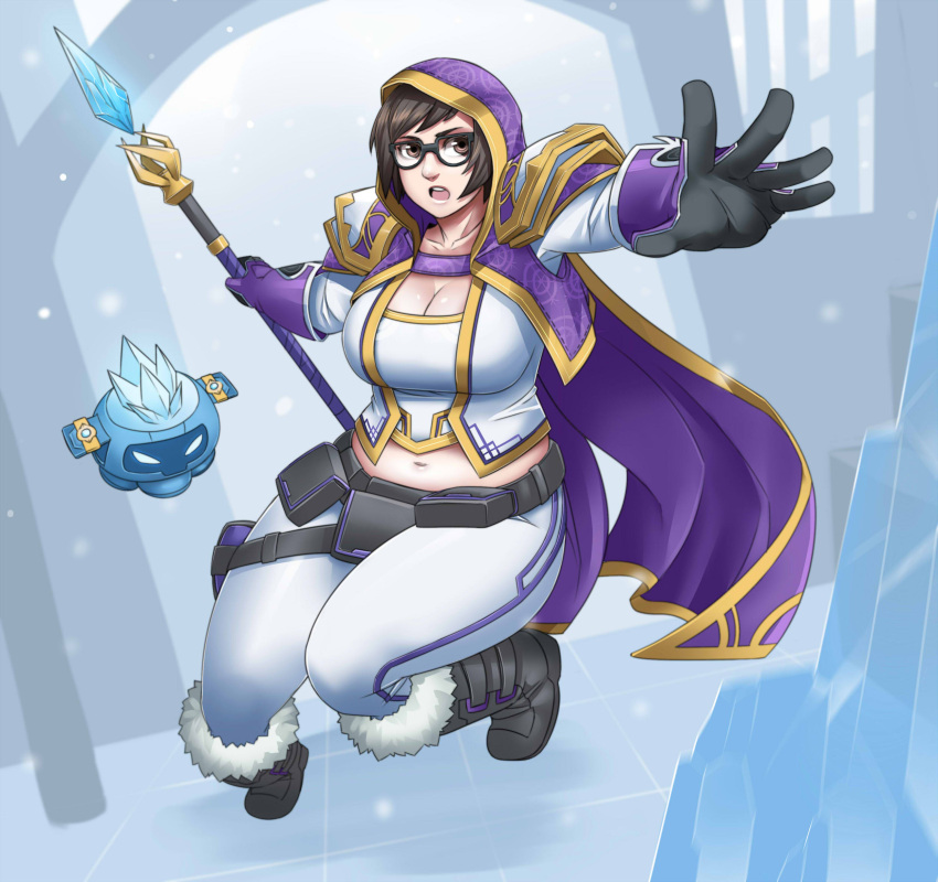 1girl belly blizzard_(company) boots breasts brown_hair cleavage company_connection cosplay exaxuxer glasses gloves highres hood ice jaina_proudmoore jaina_proudmoore_(cosplay) large_breasts mei_(overwatch) open_mouth overwatch plump short_hair solo staff thighs warcraft