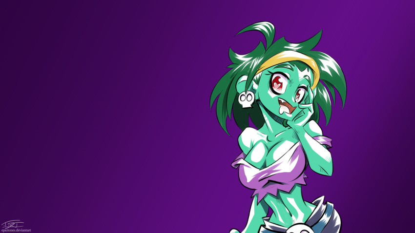 1girl bare_shoulders breasts cleavage crop_top earrings eric_toner green_hair green_skin hairband hand_on_own_face heart heart-shaped_pupils highres jewelry large_breasts midriff navel off_shoulder purple_background red_eyes rottytops shantae short_hair skull_earrings slender_waist solo strap_slip symbol-shaped_pupils tongue tongue_out wallpaper zombie