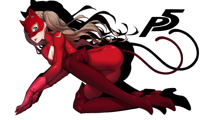 1girl :p ass blue_eyes bodysuit boots breasts brown_hair cleavage full_body gloves heihei_de_hei_yan_long high_heels highres long_hair looking_at_viewer mask persona persona_5 red_gloves red_legwear shadow simple_background smile solo takamaki_ann thigh-highs thigh_boots tongue tongue_out twintails white_background