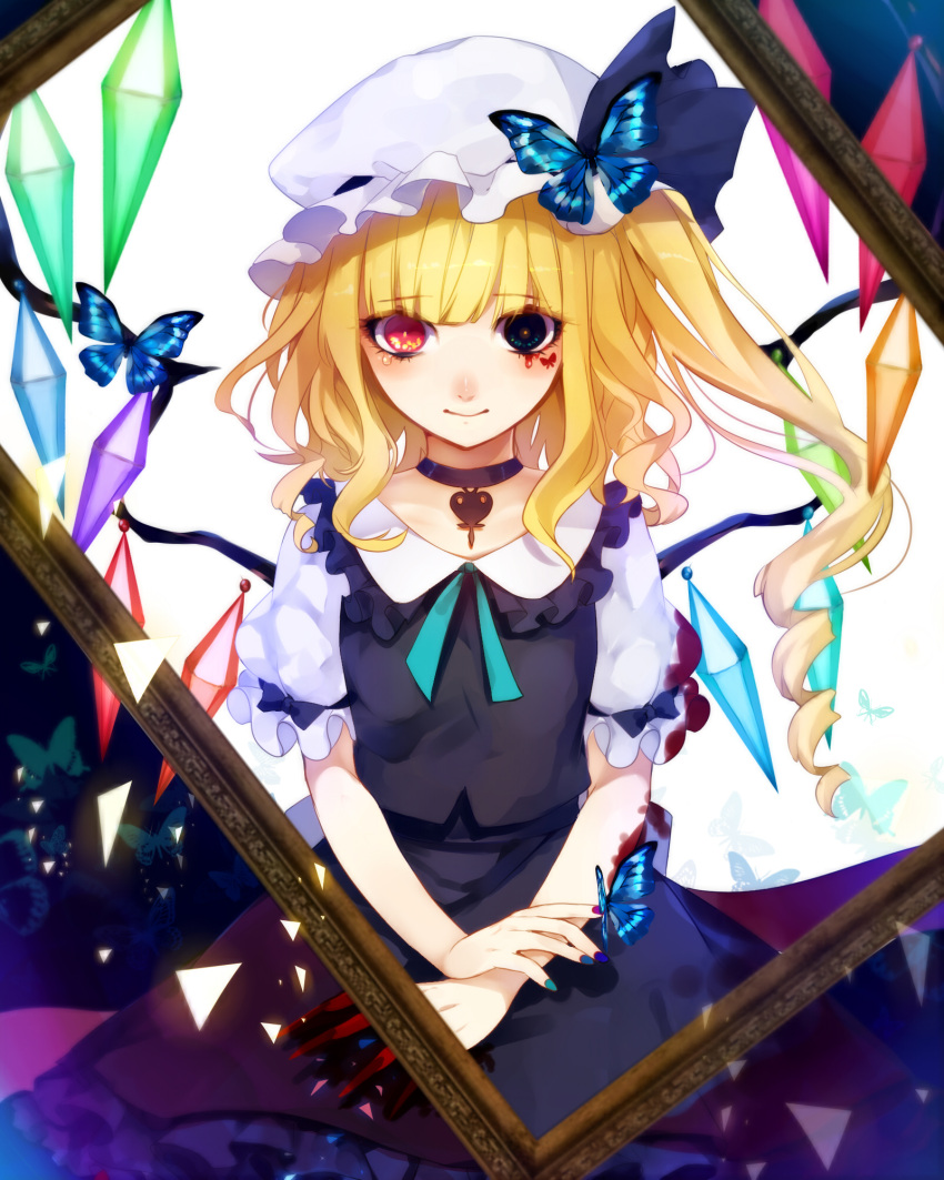 1girl alternate_color aqua_nails blonde_hair blood blood_stain bloody_hands bloody_tears blue_background blue_nails blue_skirt blue_vest bow butterfly choker daimaou_ruaeru dark flandre_scarlet frilled_collar hat hat_bow highres light_particles long_hair looking_at_viewer mob_cap multicolored_nail_polish nail_polish picture_frame purple_nails ribbon shiny shiny_hair shirt side_ponytail simple_background skirt smile solo split_theme tearing_up touhou white_background white_shirt yellow_pupils