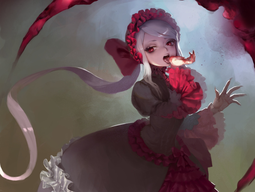 1girl attall blood dress gothic_lolita hairband highres lolita_fashion lolita_hairband long_hair looking_at_viewer open_mouth overlord_(maruyama) shalltear_bloodfallen sharp_nails silver_hair solo teeth tongue tongue_out violet_eyes