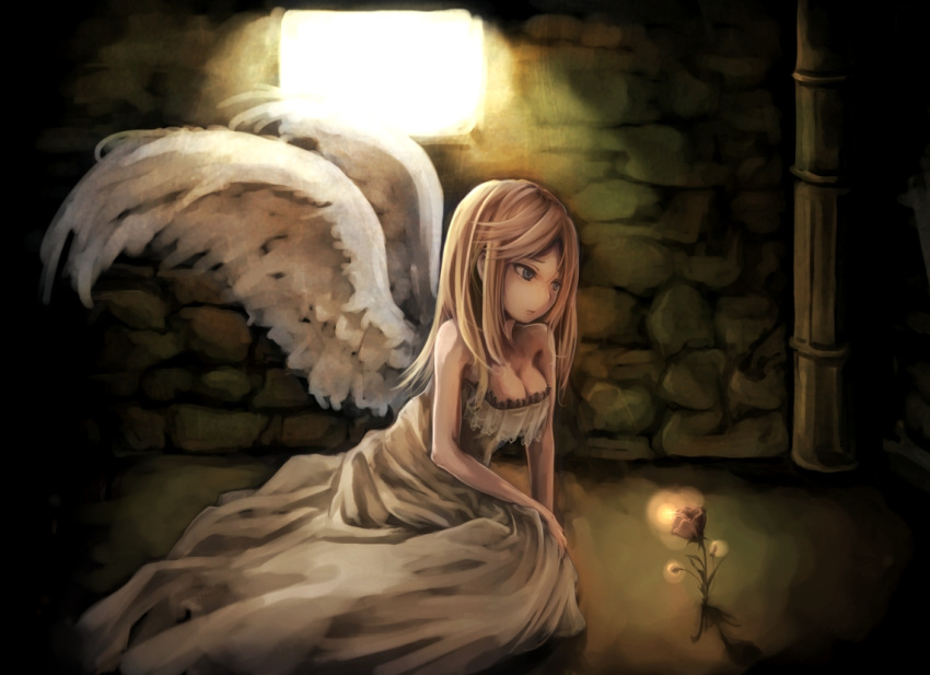 1girl backlighting bangs bare_arms blonde_hair blue_eyes breasts brick cleavage dress expressionless flower glowing light long_hair original rose rylsnow sitting solo stone_wall strapless_dress swept_bangs wall white_dress white_rose white_wings wings
