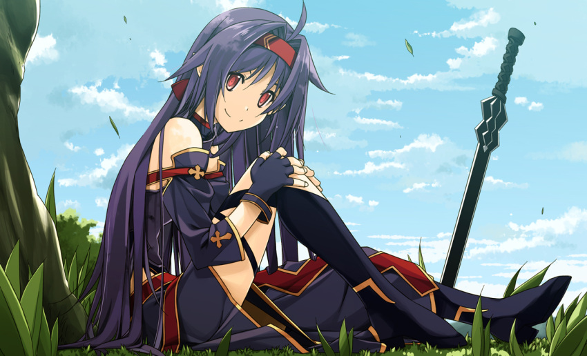 1girl bare_shoulders blue_sky boots collar detached_sleeves fingerless_gloves gloves grass hand_on_own_knee headband long_hair looking_at_viewer purple_gloves purple_hair red_eyes shikei sitting sky smile solo sword sword_art_online thigh-highs thigh_boots tree very_long_hair weapon wind yuuki_(sao)