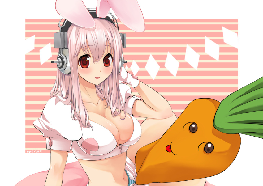 1girl :p animal_ears bangs between_thighs blush breasts cardigan crop_top eyebrows eyebrows_visible_through_hair gloves hair_between_eyes hand_on_headphones headphones kemonomimi_mode kero_sweet large_breasts long_hair looking_at_viewer midriff navel nitroplus open_clothes open_shorts panties pink_hair puffy_short_sleeves puffy_sleeves rabbit_ears red_eyes short_sleeves shorts sitting smile solo striped striped_background striped_panties stuffed_toy super_sonico text tongue tongue_out underwear white_gloves white_shorts