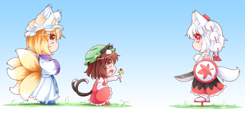 3girls animal_ears blonde_hair blue_background brown_hair cat_ears cat_tail chen chibi detached_sleeves dress fang flower fox_tail geta giving gradient gradient_background grass hands_in_sleeves hat hat_with_ears high_collar highres inubashiri_momiji juliet_sleeves leaf long_sleeves looking_at_another maple_leaf mob_cap multiple_girls multiple_tails no_mouth ofuda open_mouth pom_pom_(clothes) profile puffy_sleeves red_eyes scionofaiur shield short_hair skirt skirt_set squatting standing sword tabard tabi tail tassel tengu-geta tokin_hat touhou weapon wolf_ears wolf_tail yakumo_ran