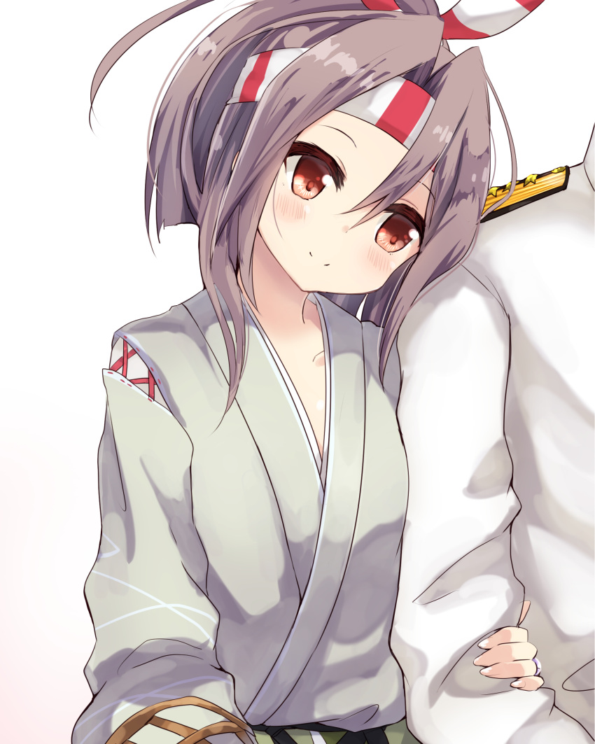 1boy 1girl absurdres admiral_(kantai_collection) amano_kouki blush brown_eyes brown_hair commentary_request hachimaki hair_ribbon hand_on_another's_arm head_on_shoulder headband high_ponytail highres japanese_clothes jewelry kantai_collection leaning_on_person light_brown_hair locked_arms long_hair out_of_frame ponytail ribbon ring simple_background smile white_background zuihou_(kantai_collection)