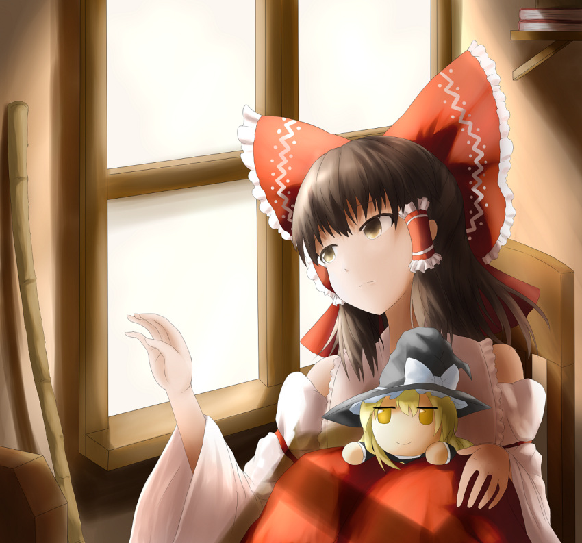 1girl book broom brown_eyes brown_hair chair character_doll detached_sleeves expressionless fen_zuo hair_ribbon hair_tubes hakurei_reimu highres indoors kirisame_marisa knees_to_chest looking_to_the_side raised_hand ribbon shelf short_hair sitting solo touhou window