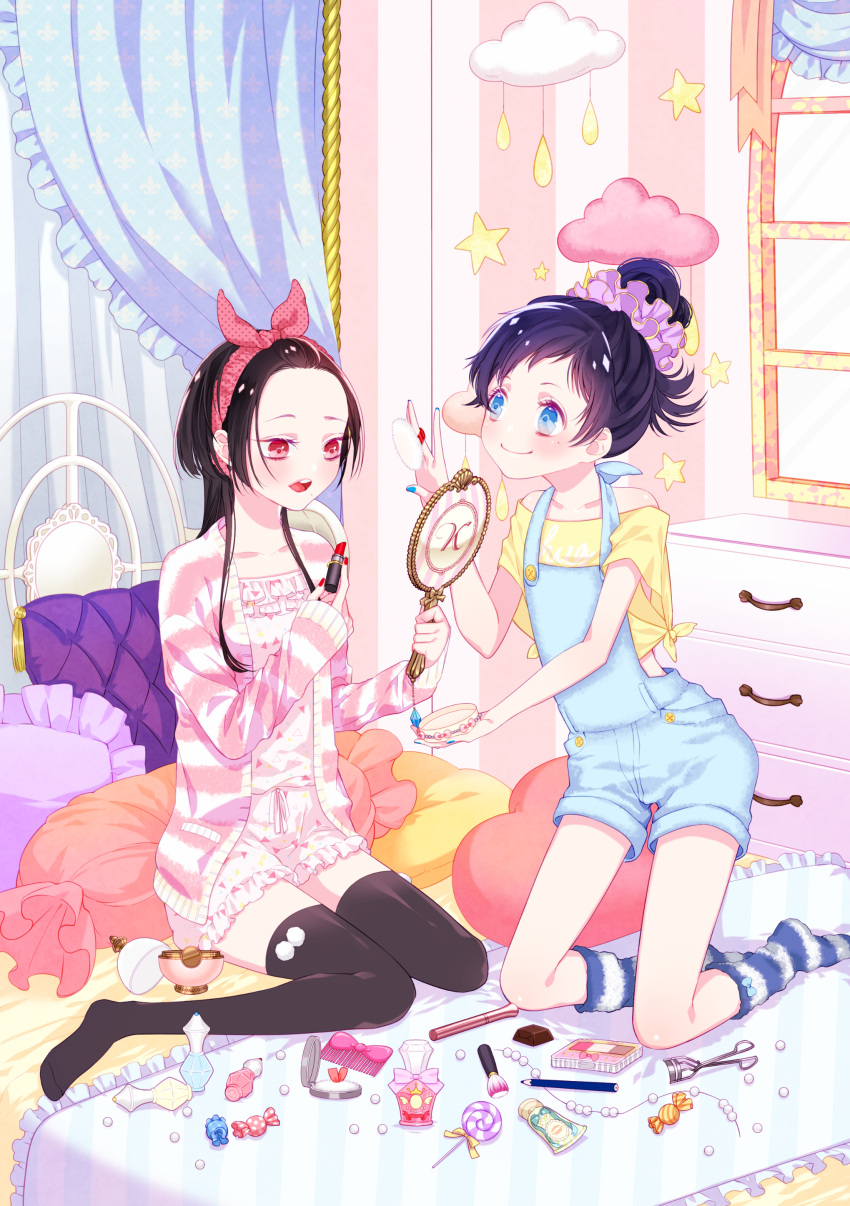 2boys absurdres alternate_costume artwele bangs bangs_pinned_back bare_shoulders beads black_hair black_legwear blue_eyes blue_nails blush bottle bow brush buttons candy closed_mouth clouds collarbone comb crossdressinging curtains earrings eyelash_curler face_powder frilled_pillow frills hair_scrunchie heart heart_pillow high_ponytail highres holding holding_lipstick indoors jewelry kashuu_kiyomitsu kneehighs kneeling lipstick_tube lollipop long_hair long_sleeves makeup male_focus mirror mole mole_under_eye multiple_boys nail_polish on_bed open_mouth overalls pencil perfume_bottle pillow polka_dot pom_pom_(clothes) ponytail purple_hair red_eyes red_nails rouge_(makeup) short_sleeves shorts side-tie_shirt sitting sleepwear sleeves_past_wrists smile star striped striped_legwear sweater_vest swept_bangs tassel teeth thigh-highs touken_ranbu window yamato-no-kami_yasusada