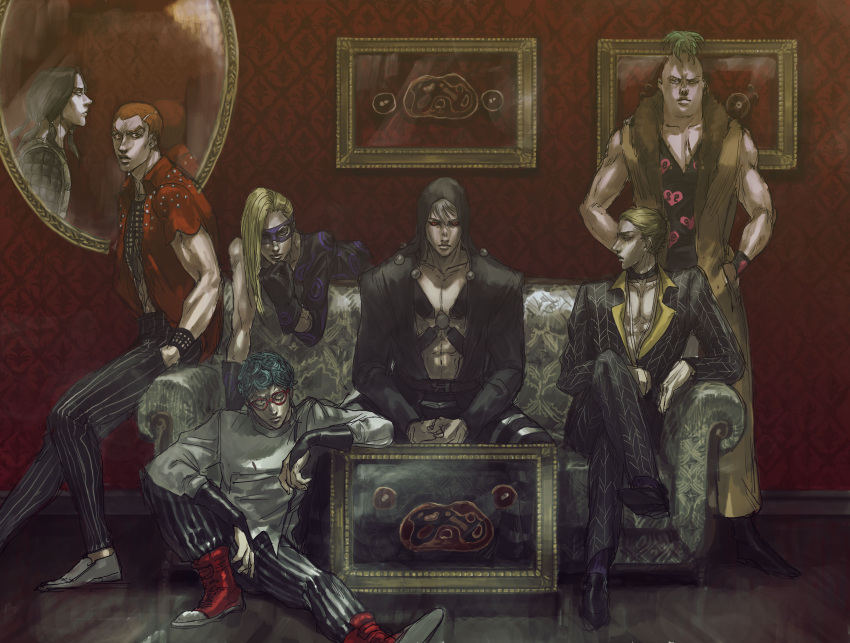 absurdres asymmetrical_clothes black_hair black_sclera blonde_hair blue_hair chiruchiru couch crossed_legs curly_hair formaggio frame ghiaccio green_hair hands_in_pockets hat highres illuso jacket jojo_no_kimyou_na_bouken long_hair mask melone mirror muscle orange_eyes orange_hair pants pesci prosciutto purple_gloves quad_tails red_eyes reflection risotto_nero shoes sitting sneakers striped striped_pants vest violet_eyes wallpaper white_hair